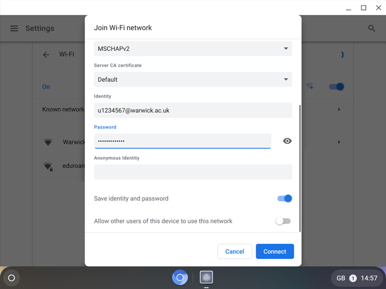 ChromeOS WiFi settings with usercode and password entered