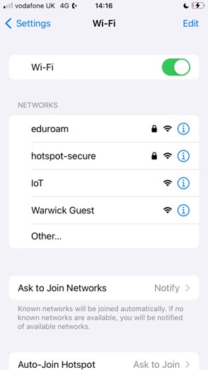 iOS list of WiFi networks, including eduroam