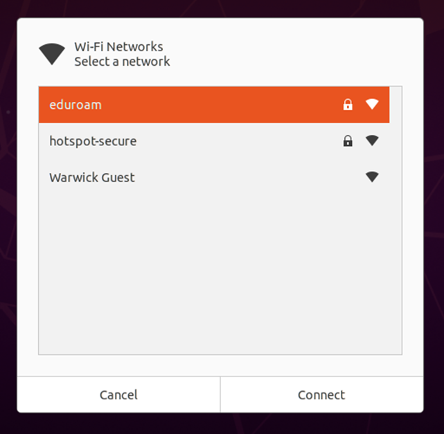 Linux network connection menu with eduroam selected 