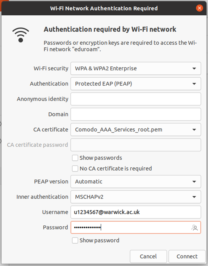 Linux network settings menu with the UoW usercode imputted 