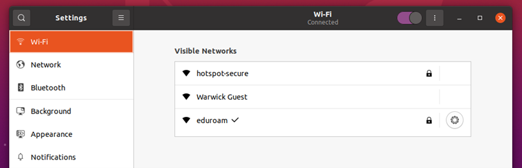 Linux network connection menu showing that eduroam is now connected