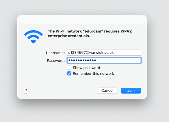 Apple Mac WiFi menu with usercode and password entered