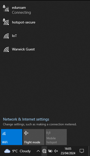 The Windows 10 network menu with a list of available WiFi networks, including eduroam