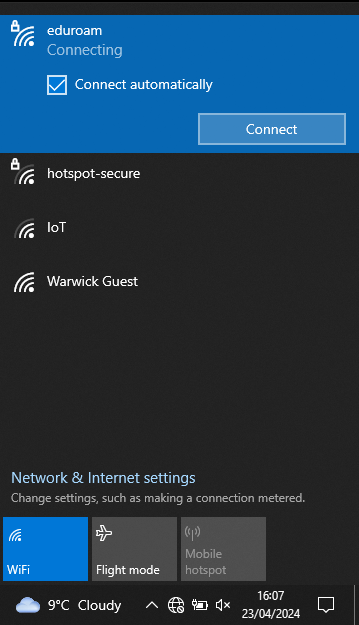 The Windows 10 network menu with a list of available WiFi networks, including eduroam which is selected and in blue 