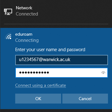 The Windows 10 network menu showing a username and password being entered into the eduroam WiFi network