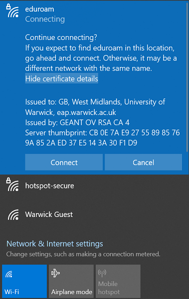 The Windows 10 network menu with a menu asking "Continue connecting" with the server name and certificate details