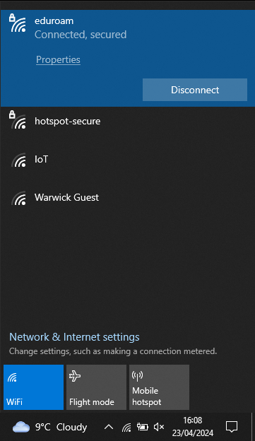 The Windows 10 network menu with a list of available WiFi networks, including eduroam which is now connected