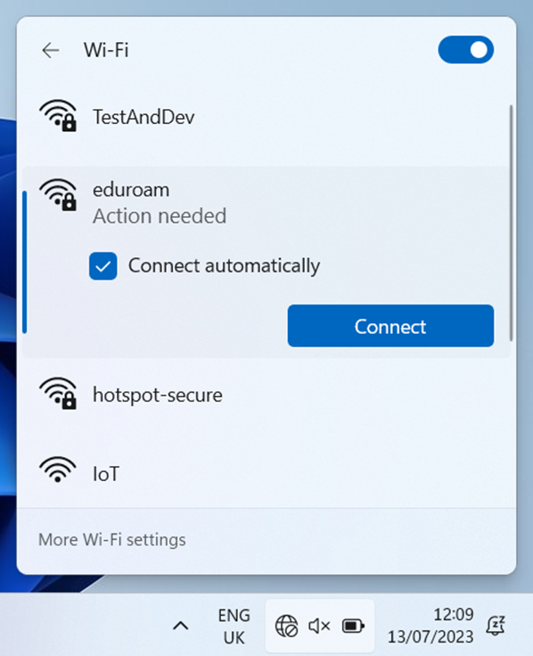 Windows 11 network screen, with eduroam selected and Connect automatically checked and a blue connect button