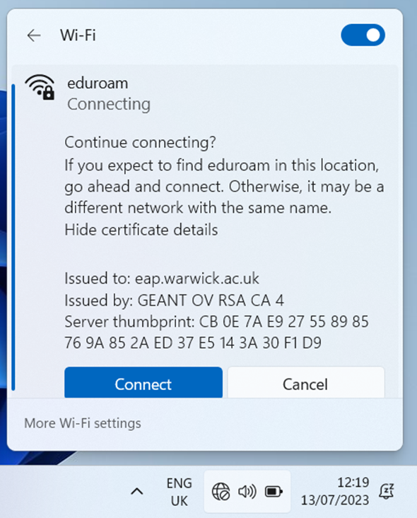 The Windows 11 WiFi connecting screen, showing the certificate details and a blue connect button