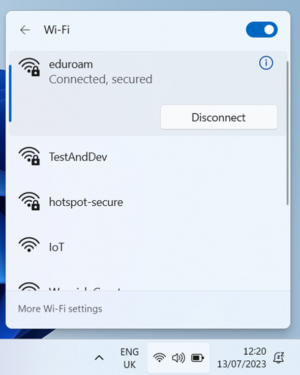The Windows 11 WiFi connection menu, showing that eduroam is connected