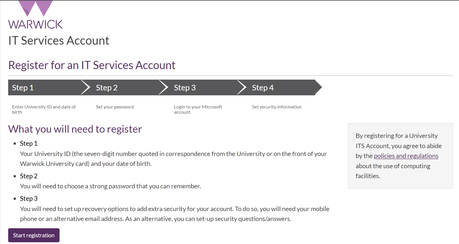Screenshot of the University of Warwick "Register for an IT account" webpage