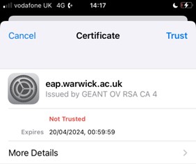 iOS screen asking the user to Trust the WiFi certificate