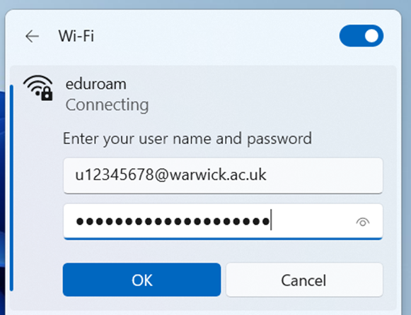 The usercode and password screen, with a blue OK button