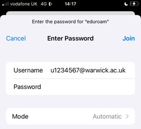 iOS WiFi usercode and password screen