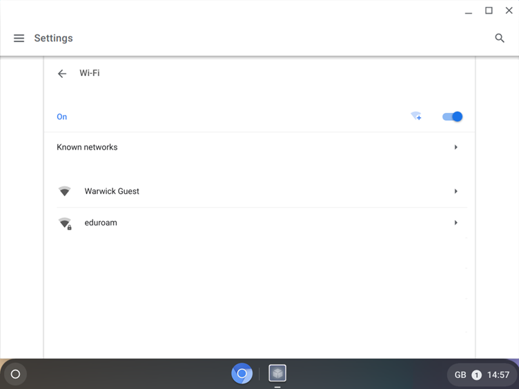 Chrome OS WiFi settings with eduroam listed