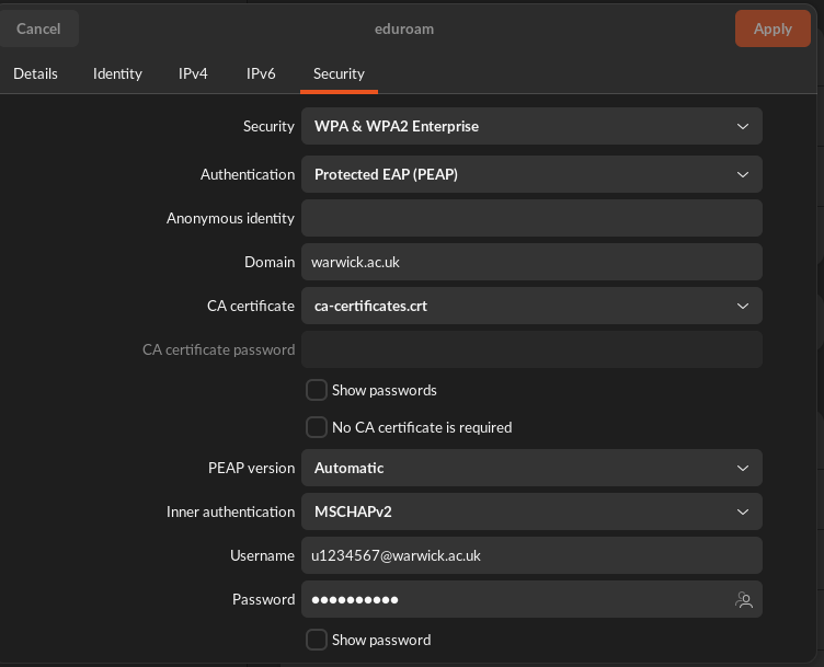 Linux network settings menu with the UoW usercode imputted 