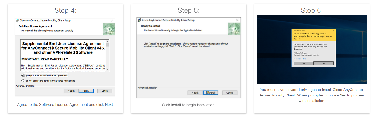 instructions steps 4 through to 6 cisco anyconnect client installation, continue browsing for text instructions