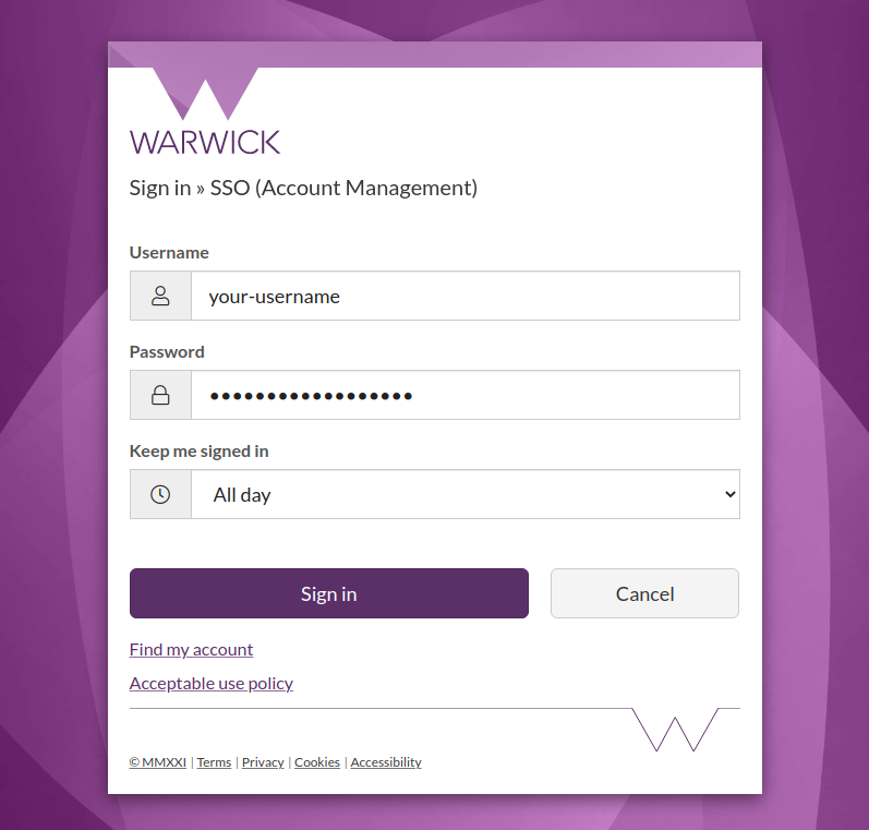 Screenshot of user name and password form.