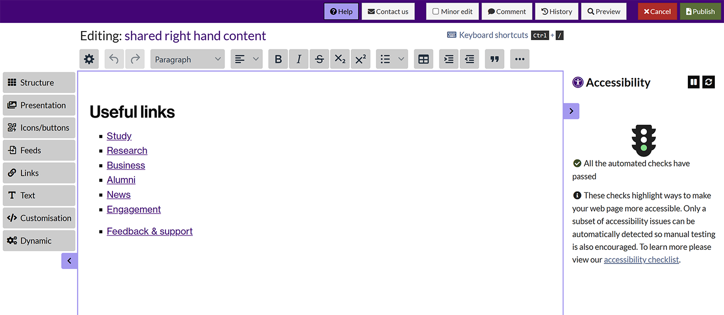 A Components Editor page duplicating only the right hand side content of the previous legacy editor page