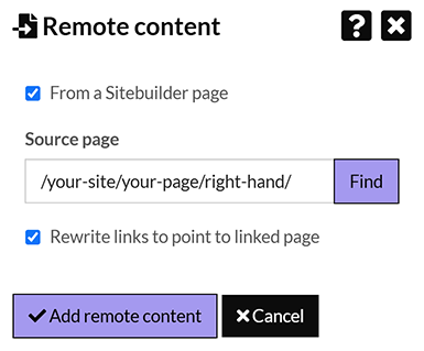 The 'Content feed from another page' options, showing the path to duplicated right hand content