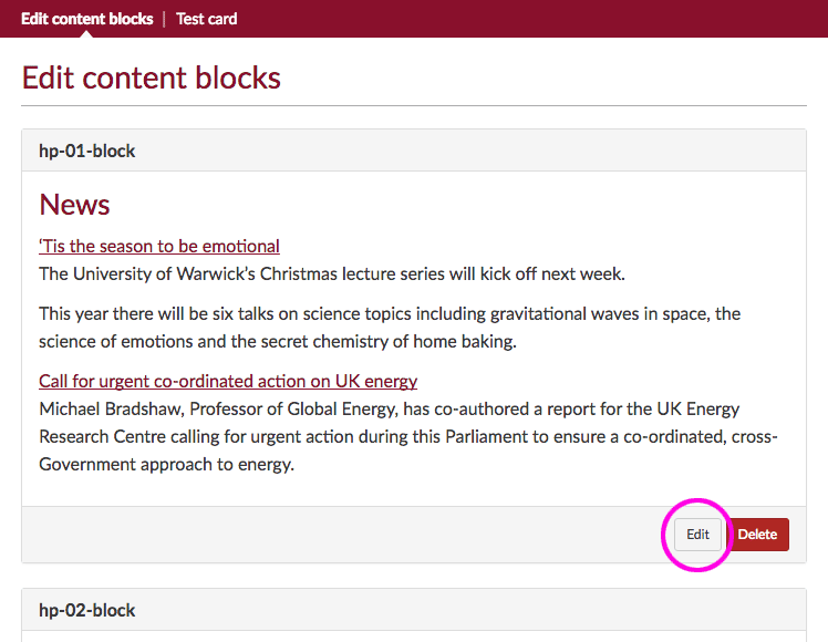 Edit button highlighted at bottom right of content block