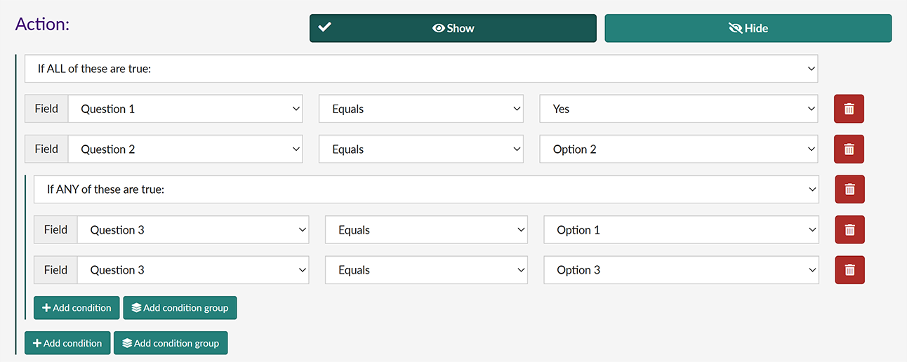 A set of conditions required to show a field group