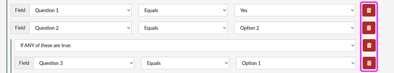 A conditional logic setup with the 'Remove condition' buttons highlighted