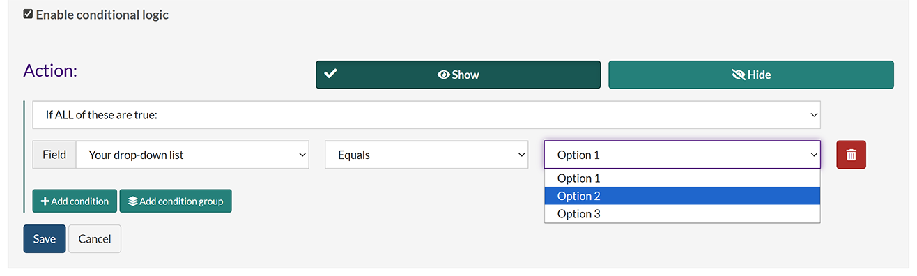 The options for a single condition