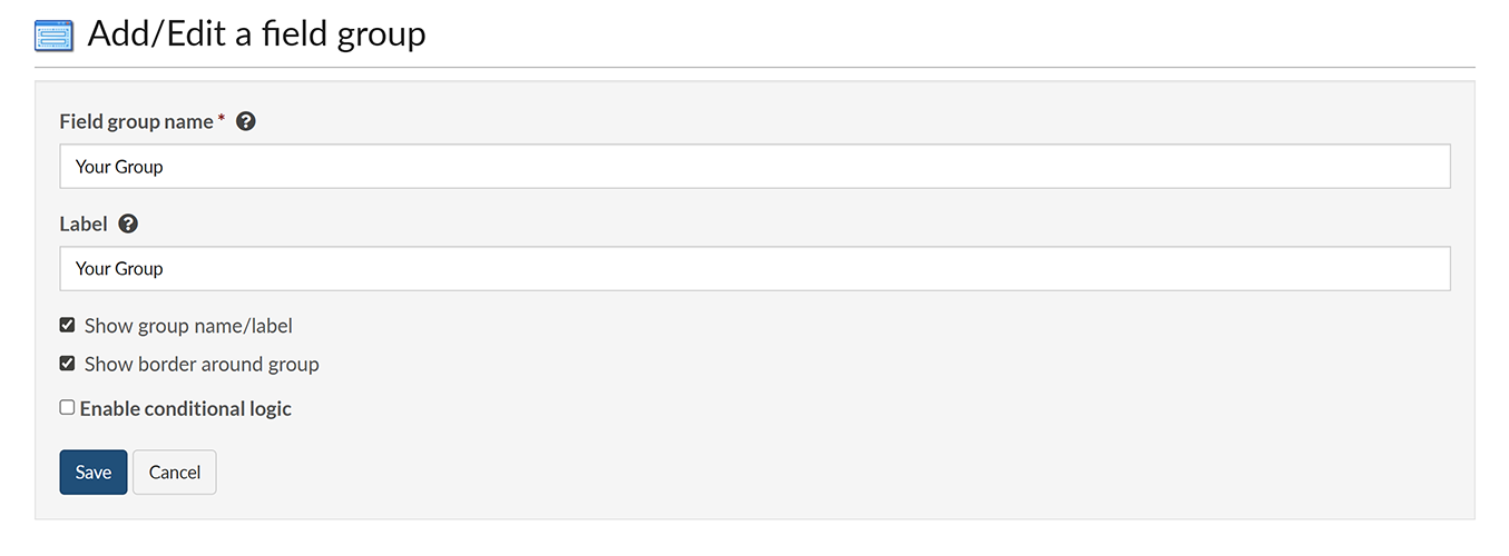 The 'Add/Edit a field group' screen