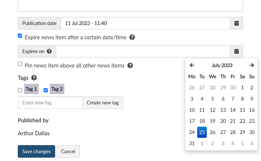 The bottom of the 'Edit news item' screen, with the 'Expire news item...' checkbox selected, and the date picker displayed
