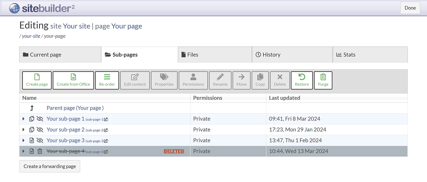 The 'Sub-pages' tab in SiteBuilder, with a deleted page selected