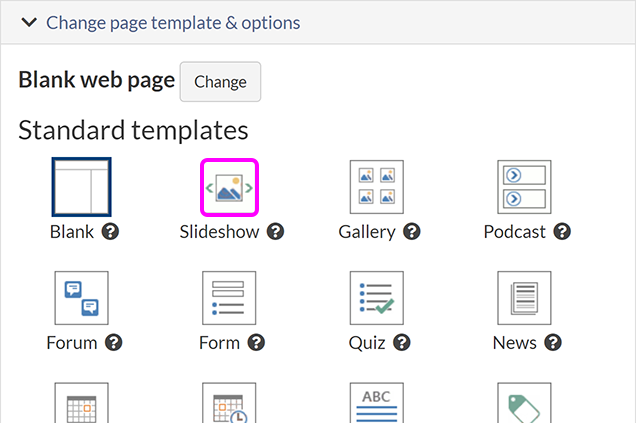 The 'Create new page' screen, with the option to create a Slideshow page highlighted