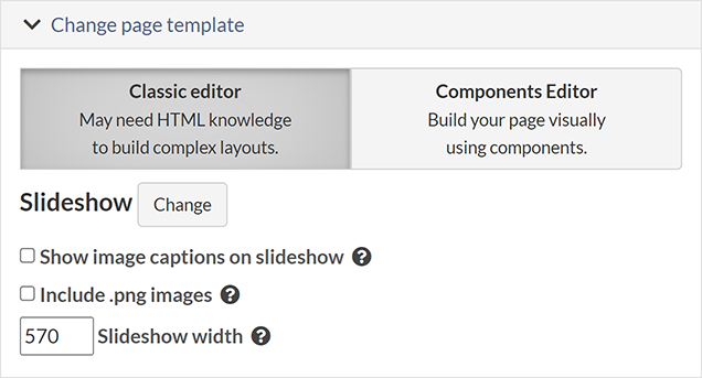 The Slideshow page options