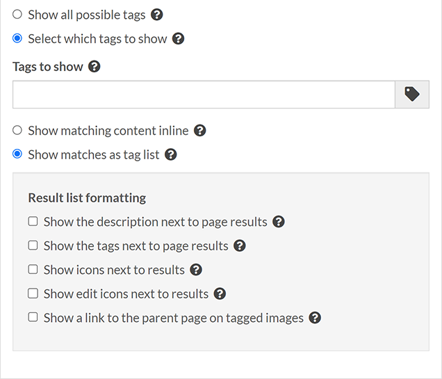 The second part of the Tags filter page options