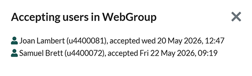 The 'Accepting users' pop-up for a Site Owner WebGroup