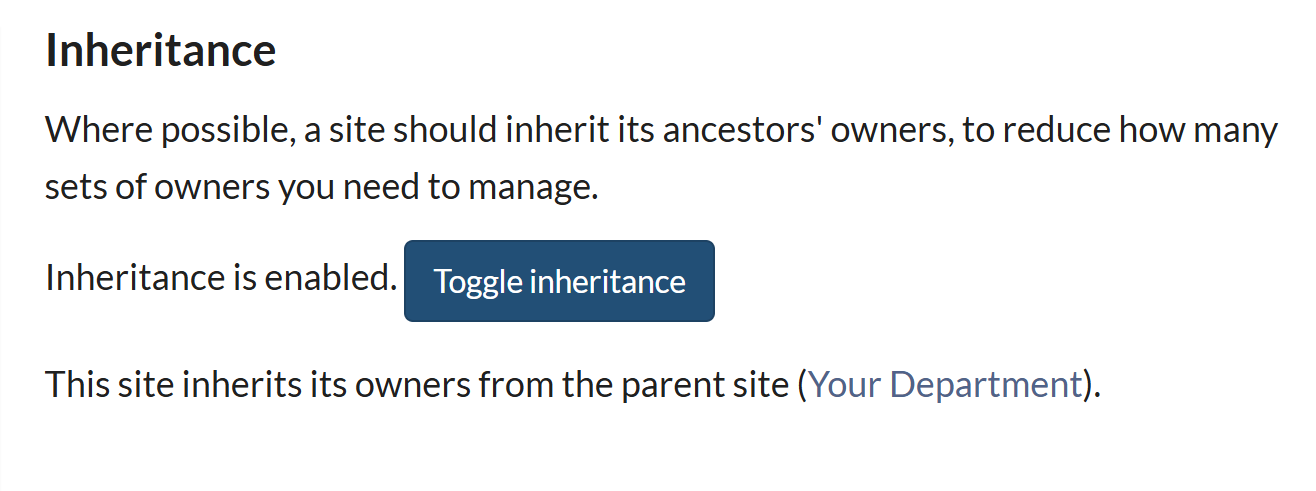 The 'Inheritance' section of the 'Site Owners' screen