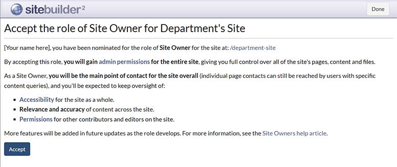 The Site Owner nomination summary screen