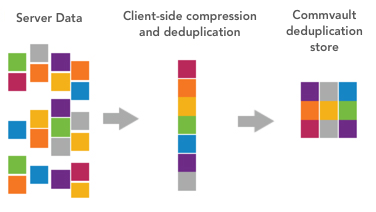 Diagram shows data files as a set of coloured blocks, where each colour represents a unique block of data.  This diagram then shows Commvault identifing the identical (colour) blocks and storing just a single  version of each colour.  