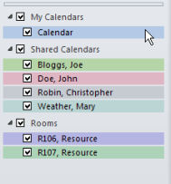 Listed calendars visible in Outlook