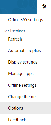 Outlook Web Access settings menu