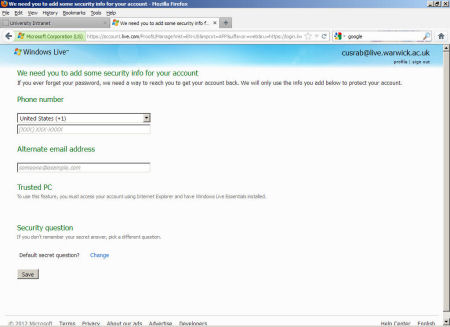 Windows Live Security Information screenshot