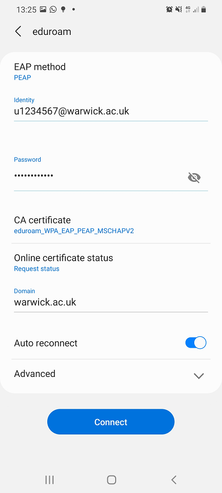Screenshot of the Android wireless network advanced settings for Eduroam