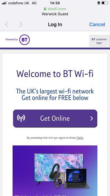Screenshot of the BT WiFi landing screen for Warwick Guest