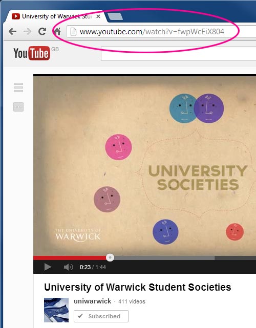 YouTube video URL highlighted in web browser