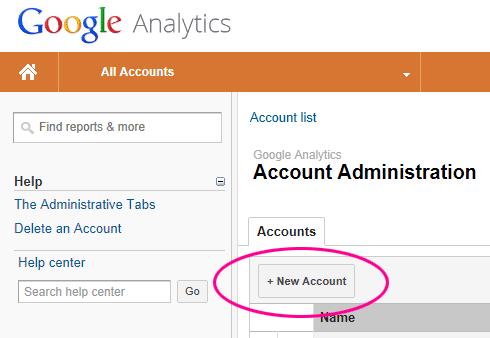 New account button highlighted in Google Analytics admin