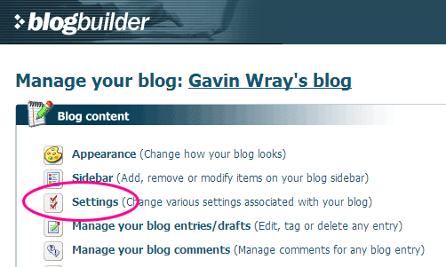 Manage your blog menu in BlogBuilder with settings highlighted