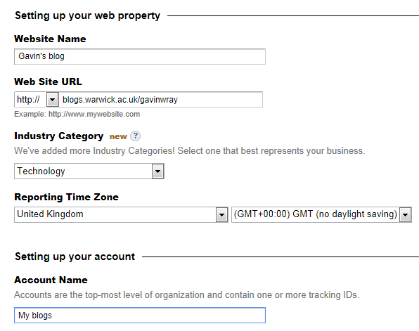 Google Analytics form to add your blog url, category and time zone