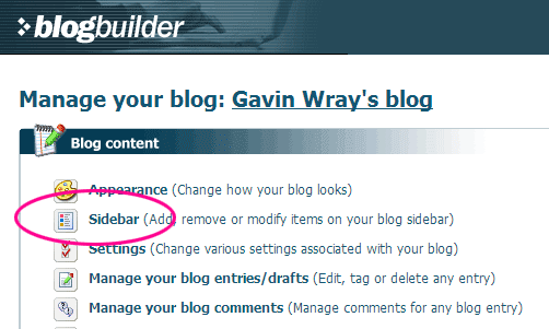 Manage your blog menu with sidebar option highlighted