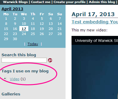 Blog frontend shows the edited sidebar title "Tags I use on my own blog"
