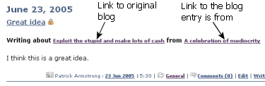 The new entry will be created on your blog, with a link back to the entry and blog you are writing about